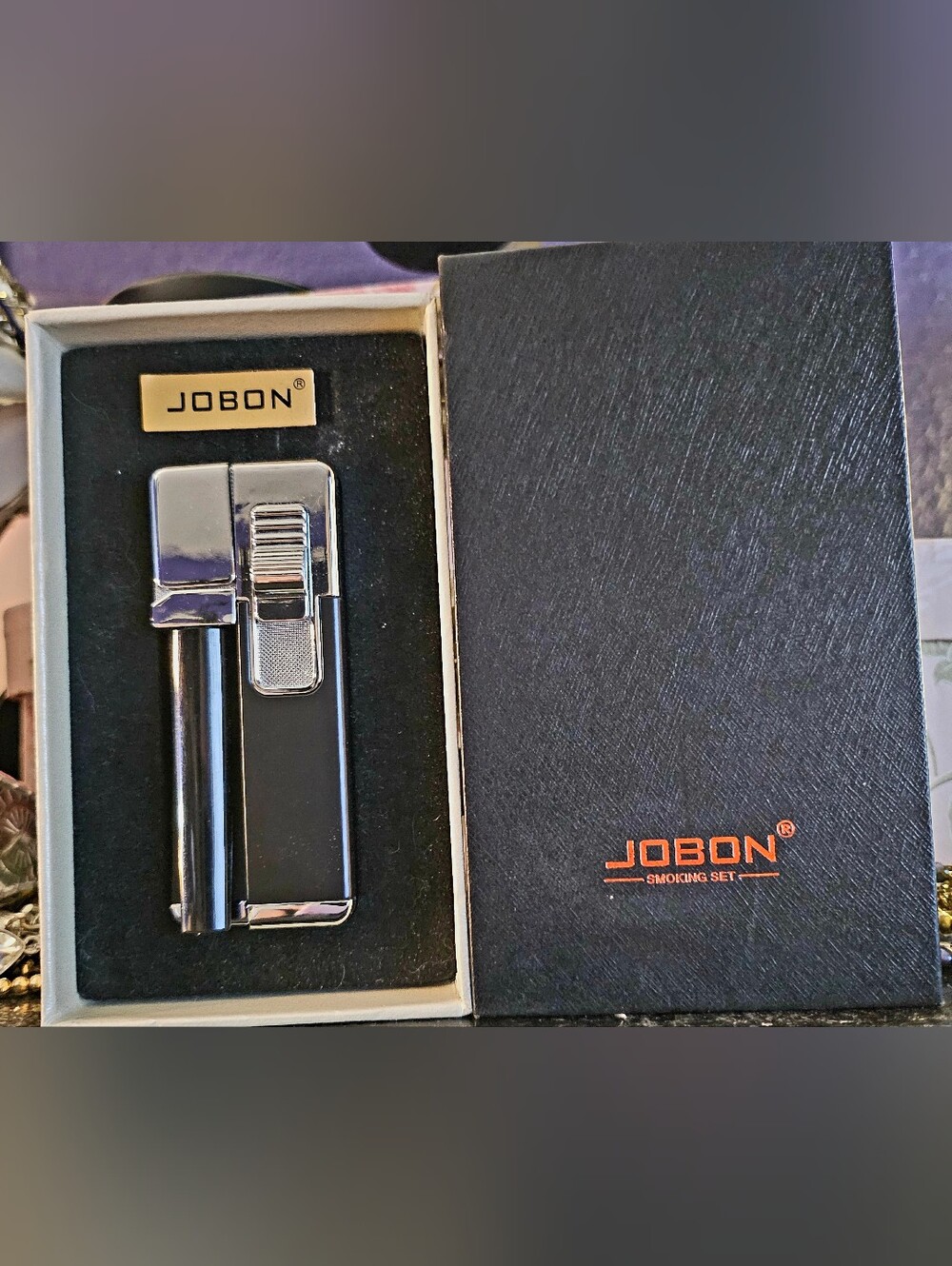 NIB JOBON Metal Butane Torch Lighter Silver & Black Gift Boxed